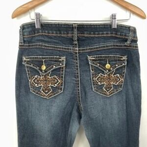 Cato Jeans Women 14 Denim Flap Pockets Cross Bootcut Distress Cowgirl Bling Y2K